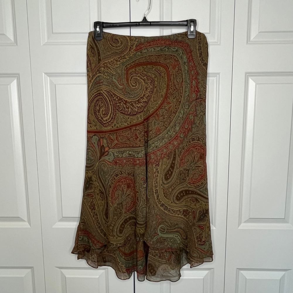 Lauren Ralph Lauren Silk Paisley Midi Skirt Size 14 NWT Brown Ruffle Hem - Picture 2 of 11
